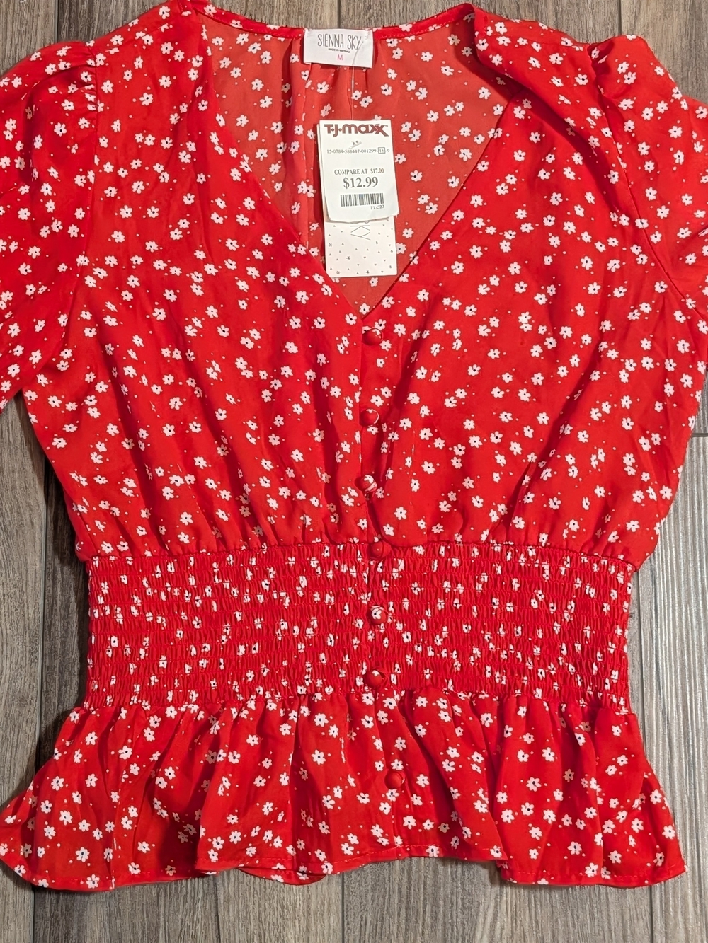 Sienna Sky Red Floral Smocked Waist V-Neck Top - Brand New